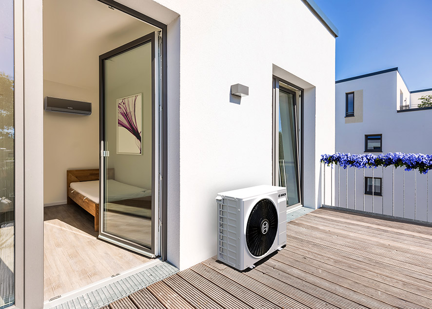 Air con unit on a balcony in Yorkshire